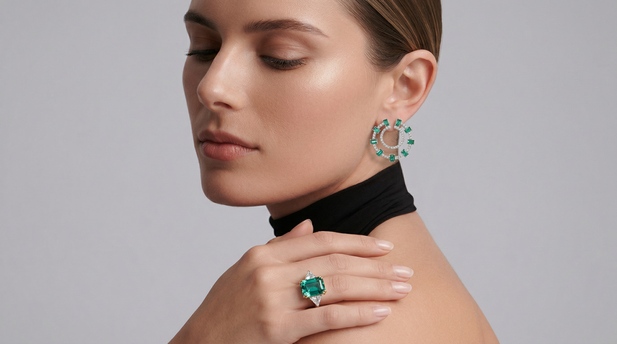 ORA MAVROMMATIS fine jewellery model wearing emerald ring and earrings