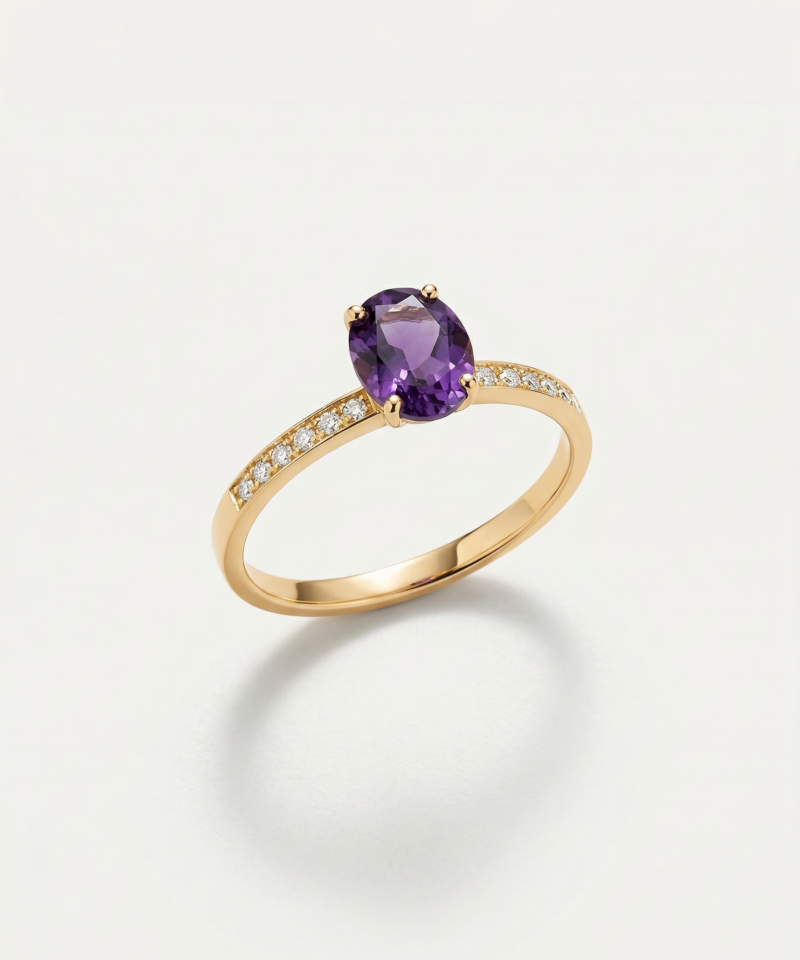 Oval-Cut Amethyst Ring in K14 Yellow Gold