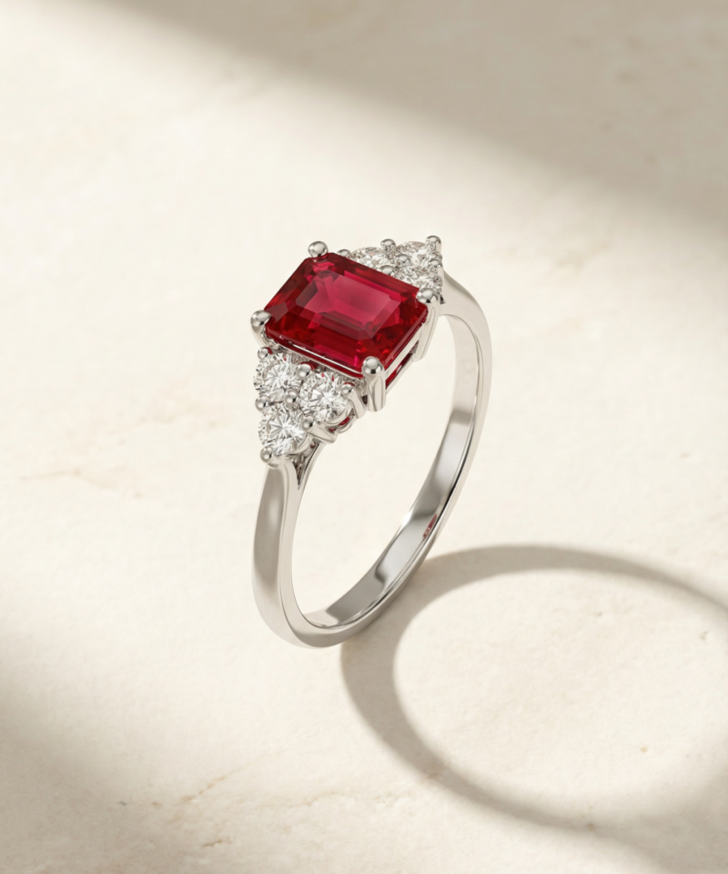Emerald-Cut Ruby Ring in K18 White Gold