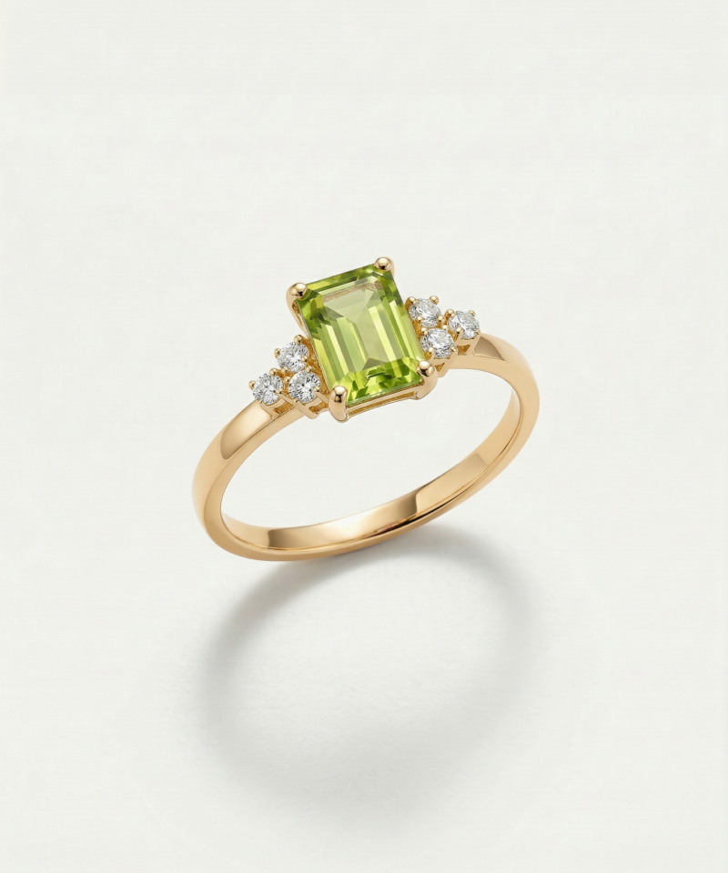 Emerald-Cut Peridot Ring K14 Yellow Gold