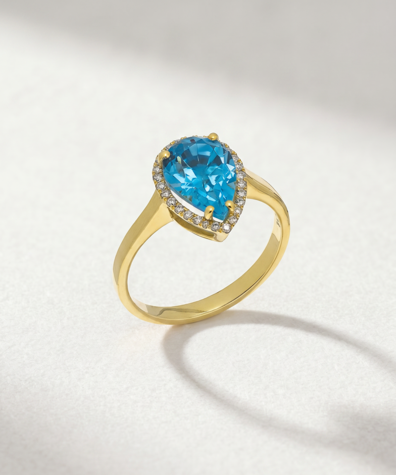 Pear-Cut Blue Topaz & Diamond Halo Ring in K18 Yellow Gold
