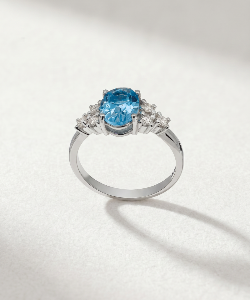 Alternative view of Oval-Cut Blue Topaz & Diamond Ring in K18 White Gold