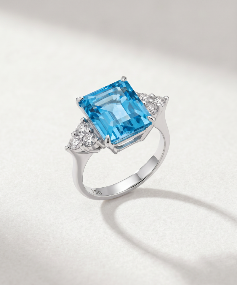 Emerald-Cut Blue Topaz & Diamond Ring in K18 White Gold
