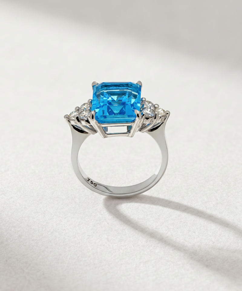 Alternative view of Emerald-Cut Blue Topaz & Diamond Ring in K18 White Gold