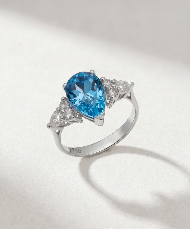 Pear-Cut Blue Topaz & Diamond Ring in K18 White Gold