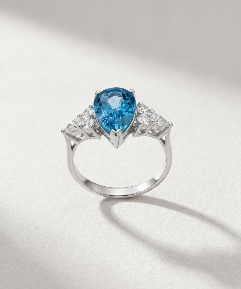 Alternative view of Pear-Cut Blue Topaz & Diamond Ring in K18 White Gold