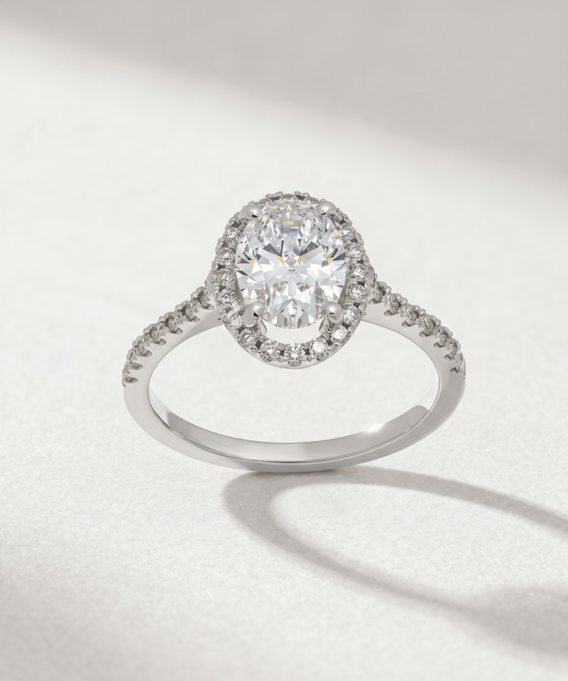 Alternative view of 1.08ct Oval-Cut Lab Diamond Halo Ring in K18 White Gold