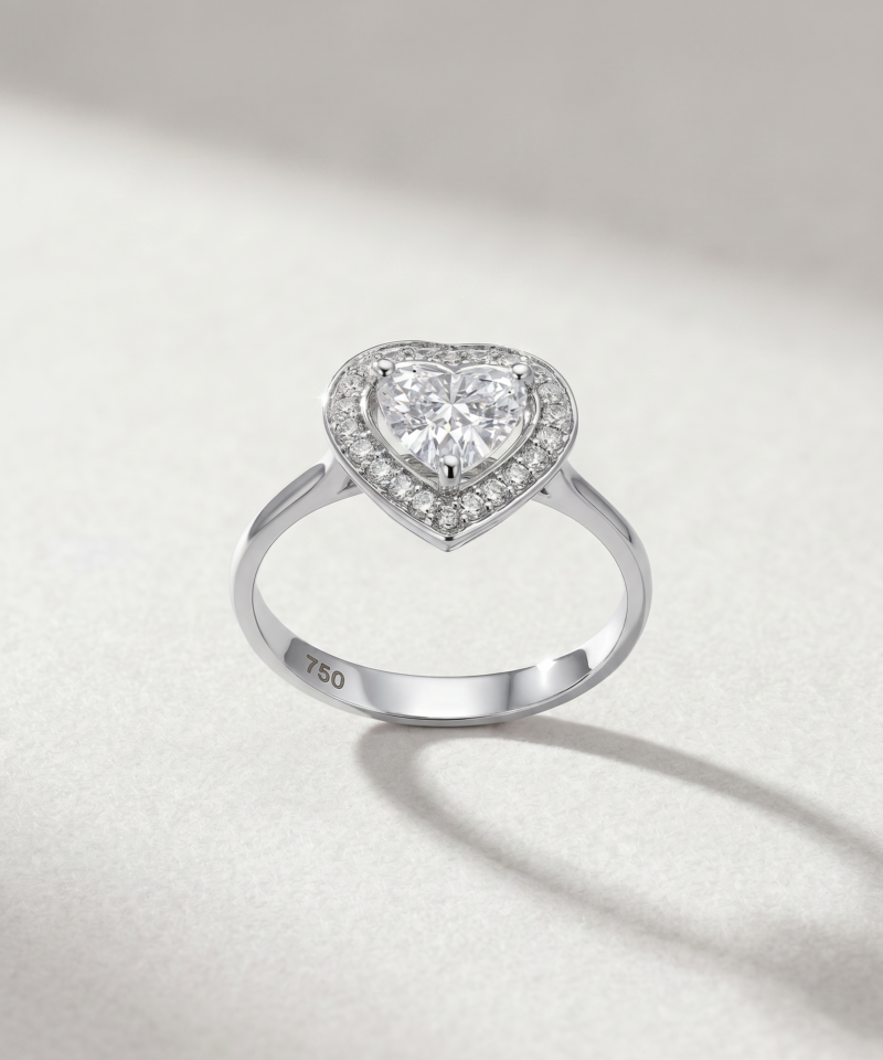 Alternative view of Heart-Shaped Diamond Halo Ring in K18 White Gold