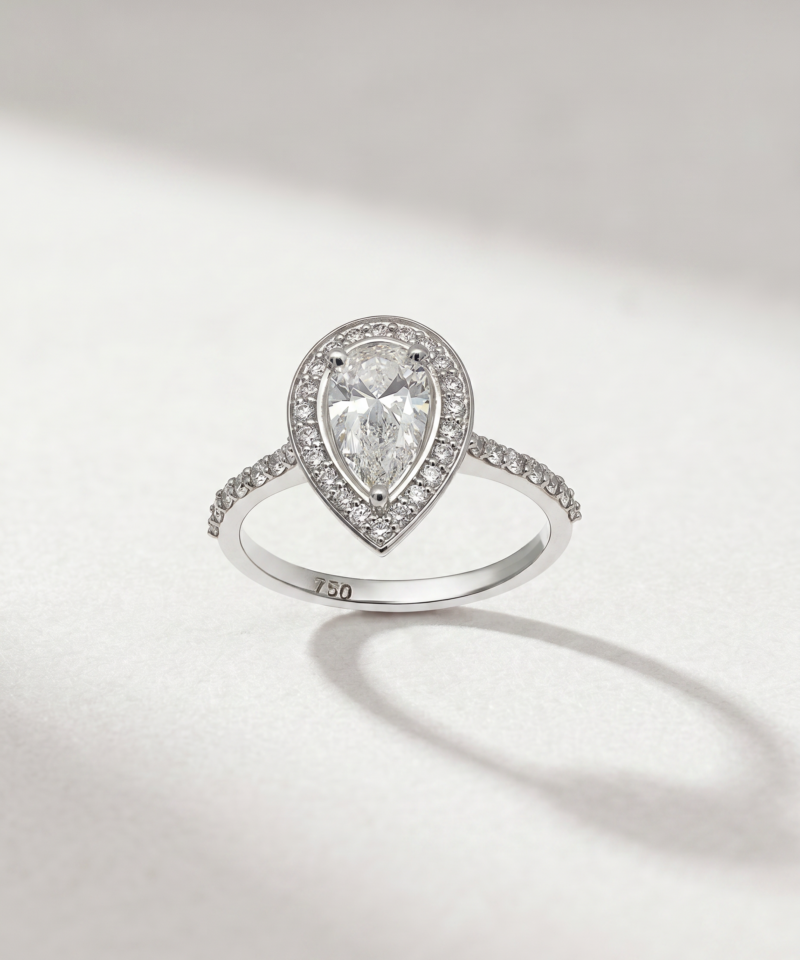 Alternative view of Pear-Cut Diamond Halo Ring in K18 White Gold