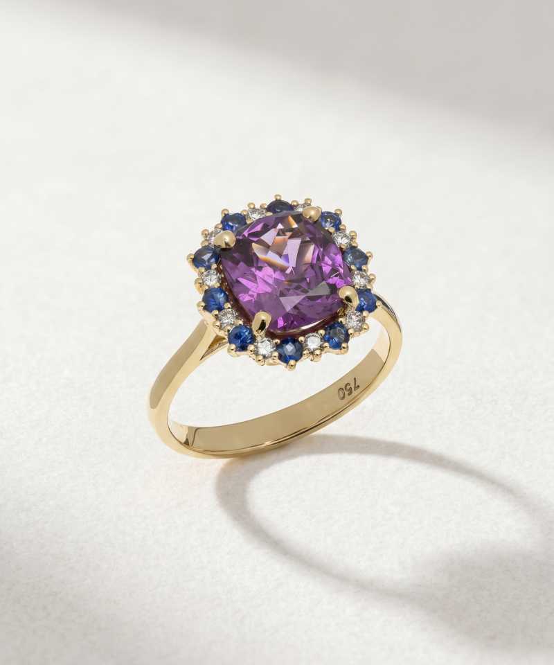 Cushion-Cut Garnet, Sapphire & Diamond Ring in K18 Yellow Gold