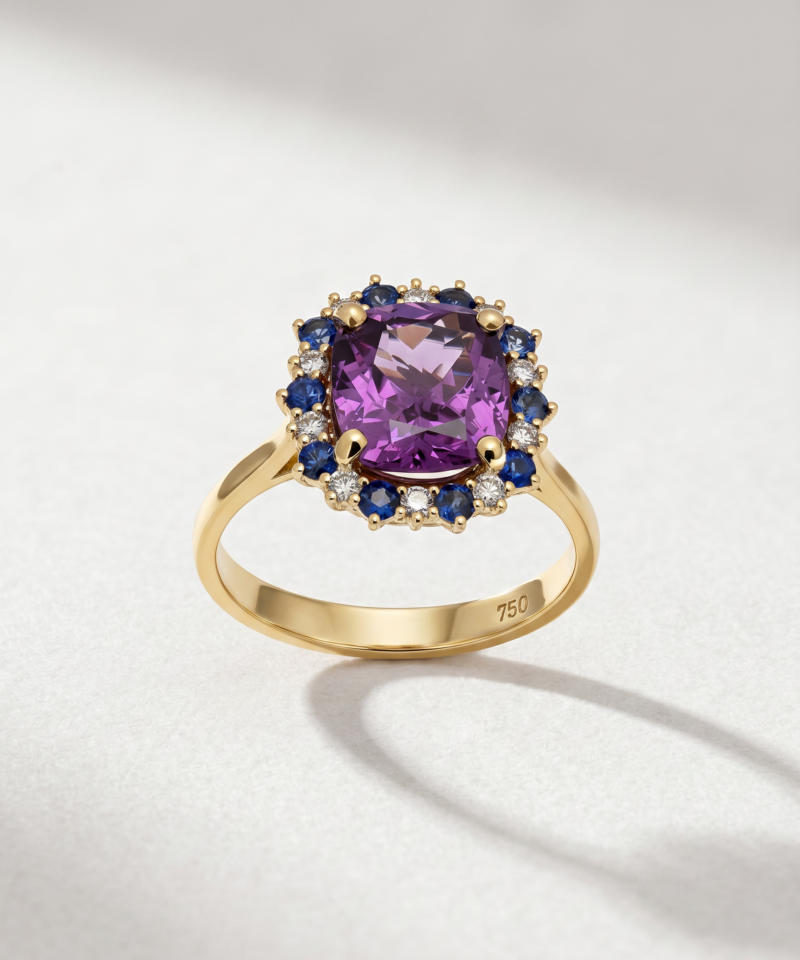 Alternative view of Cushion-Cut Garnet, Sapphire & Diamond Ring in K18 Yellow Gold