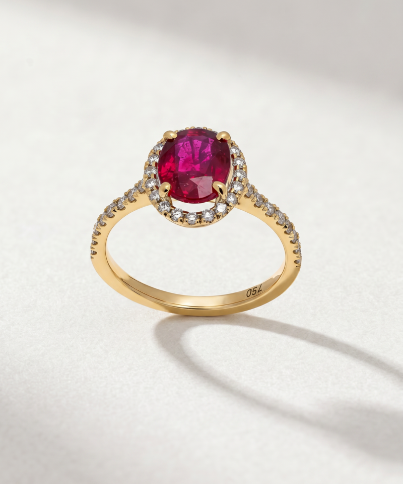 Alternative view of Oval Ruby Halo Ring with Diamonds in K18 Yellow Gold