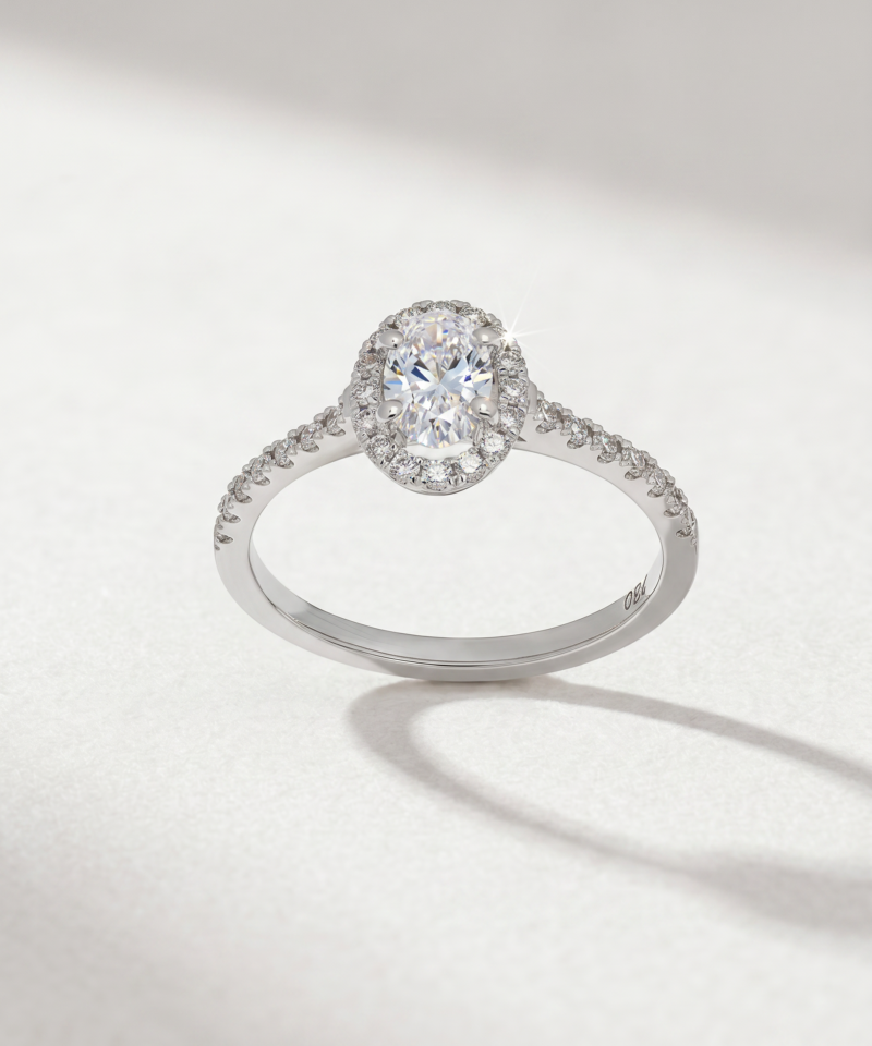 Alternative view of 0.58ct Oval-Cut Lab Diamond Halo Ring in K18 White Gold