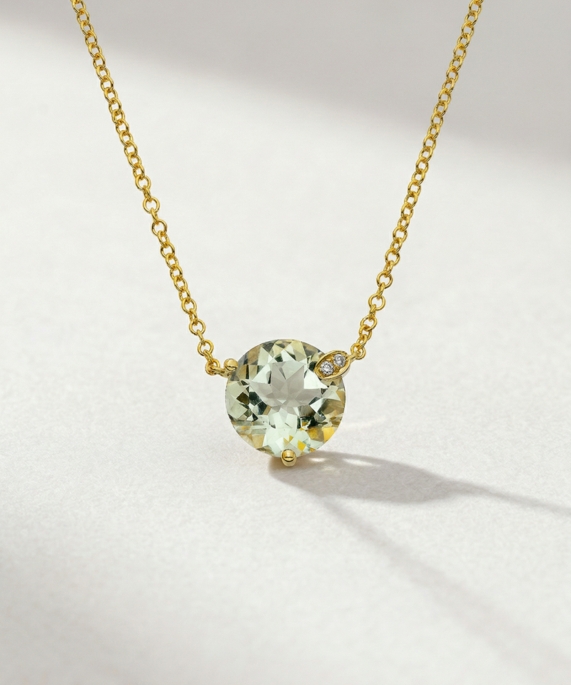 Oval Green Amethyst Necklace in K14 Yellow Gold