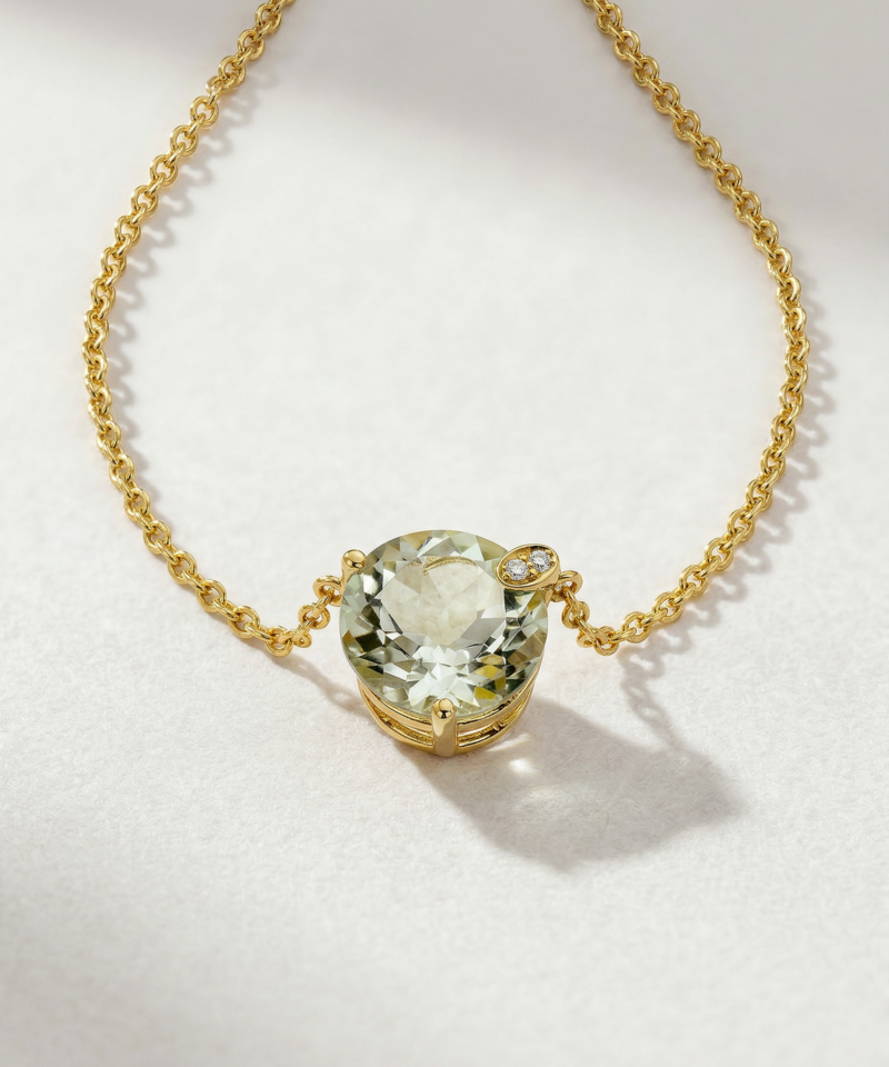Alternative view of Oval Green Amethyst Necklace in K14 Yellow Gold