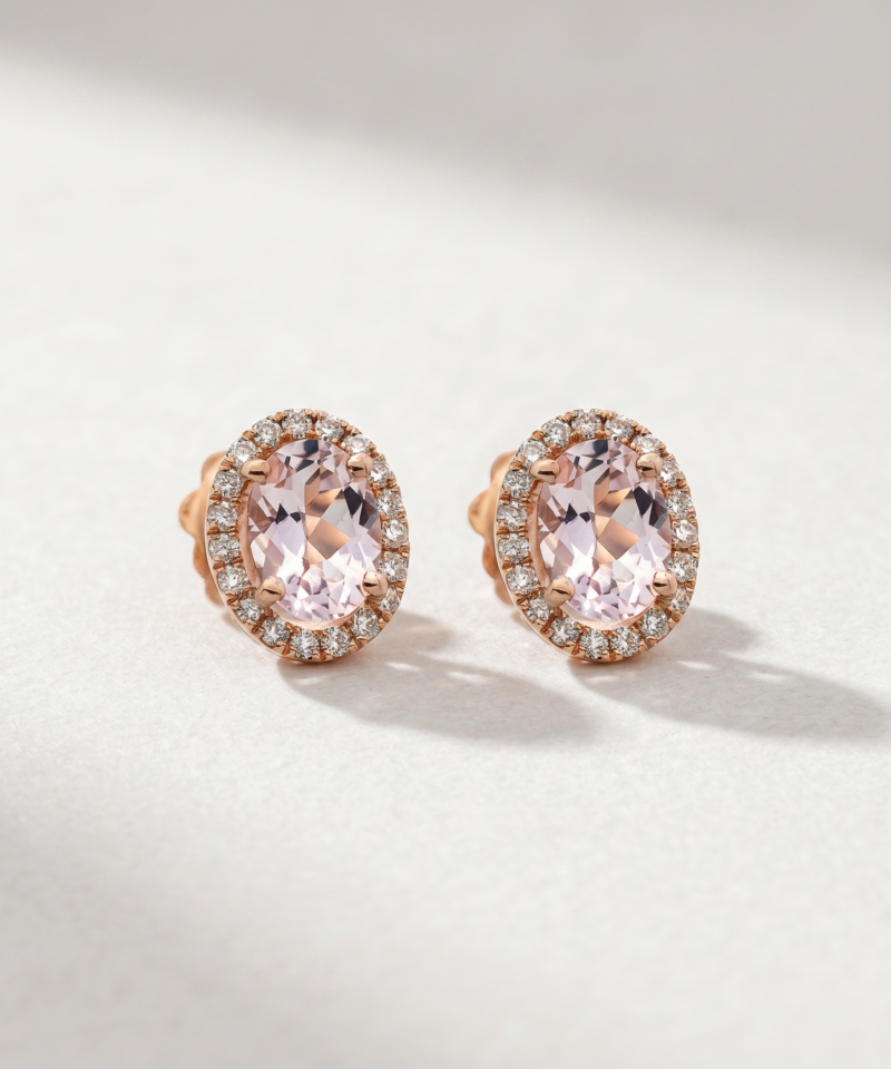 Morganite & Diamond Halo Stud Earrings in K18 Rose Gold