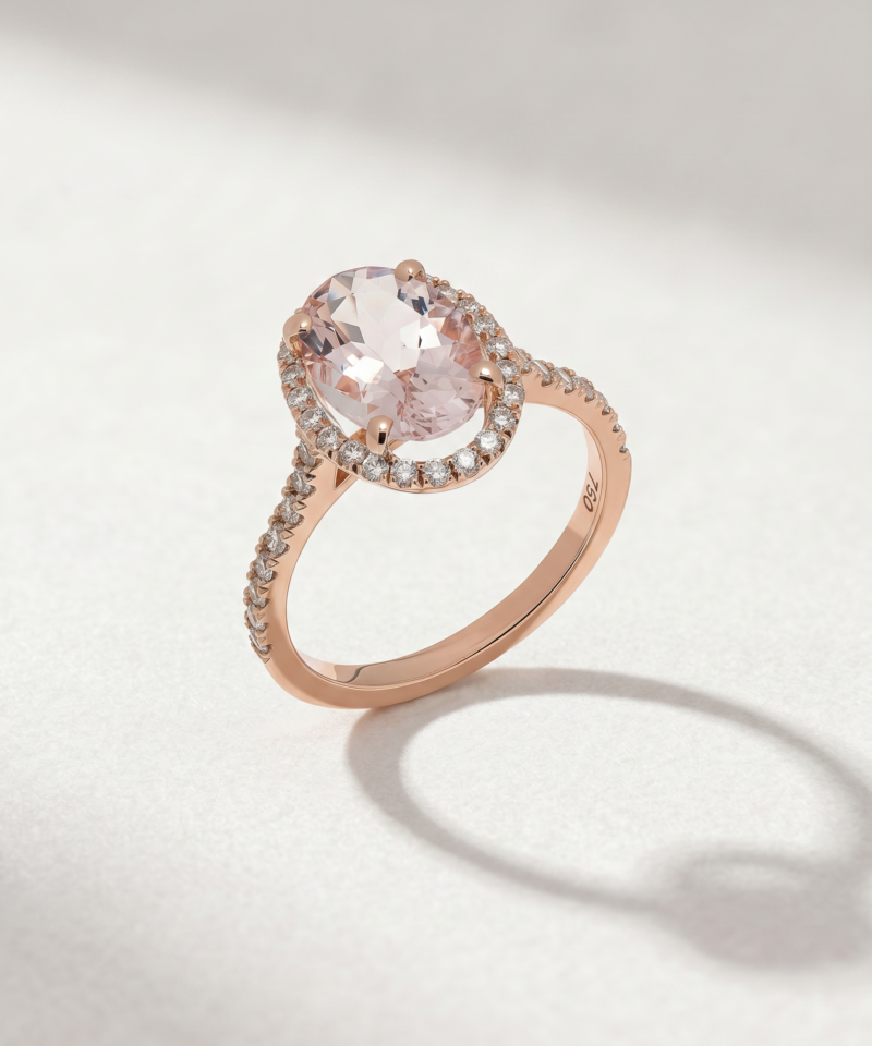 Oval Morganite Halo Ring with Diamonds in K18 Rose Gold