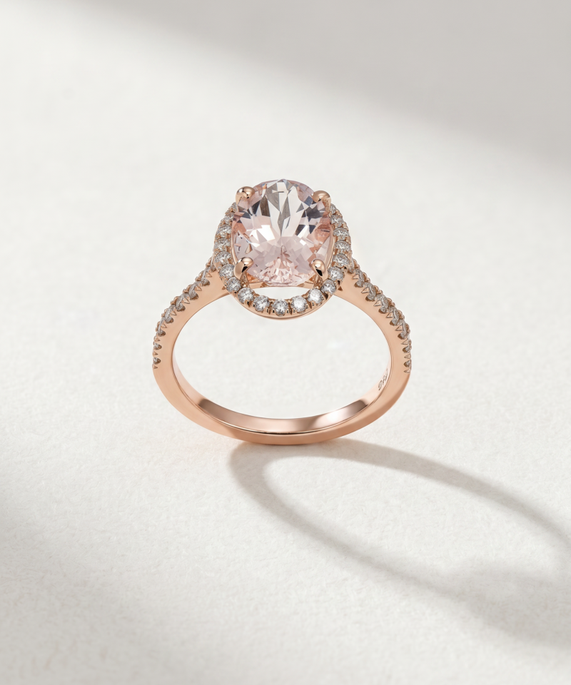 Alternative view of Oval Morganite Halo Ring with Diamonds in K18 Rose Gold