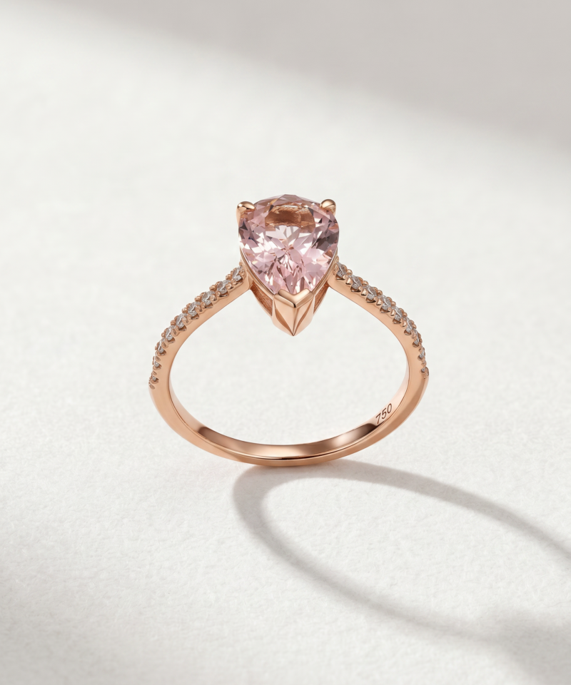 Alternative view of Pear-Cut Morganite Ring with Diamonds in K18 Rose Gold