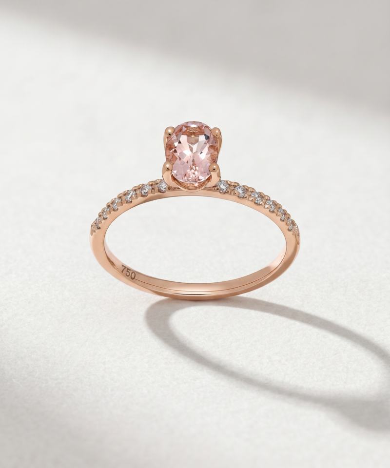 Alternative view of Oval Cut Morganite Ring with Diamonds in K18 Rose Gold