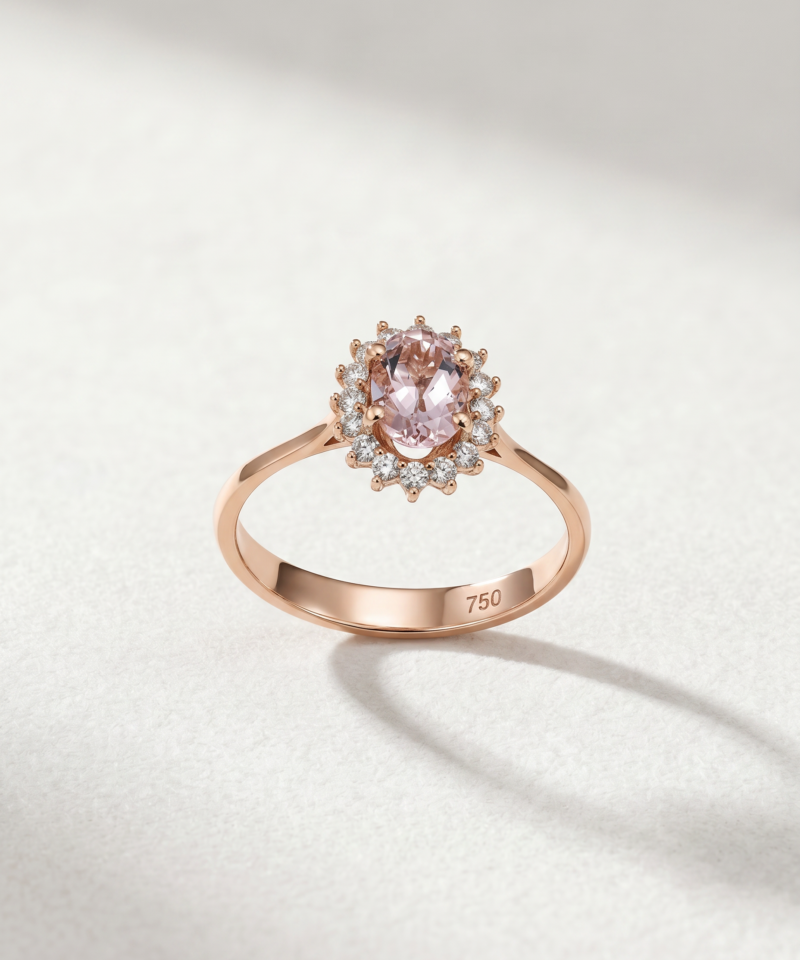 Alternative view of Oval Morganite Cluster Ring with Diamonds in K18 Rose Gold