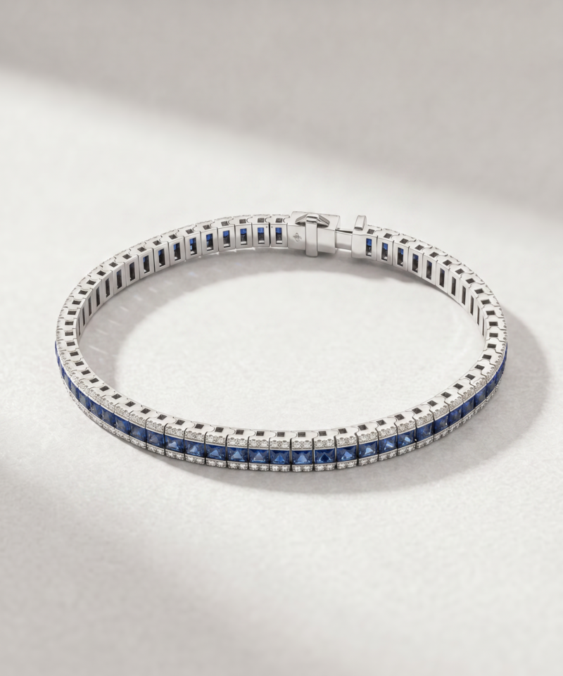 Alternative view of Princess-Cut Sapphire & Diamond Line Bracelet in K18 White Gold