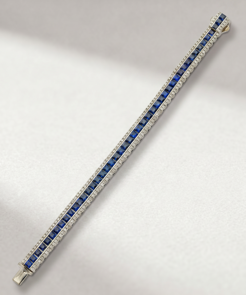 Princess-Cut Sapphire & Diamond Line Bracelet in K18 White Gold