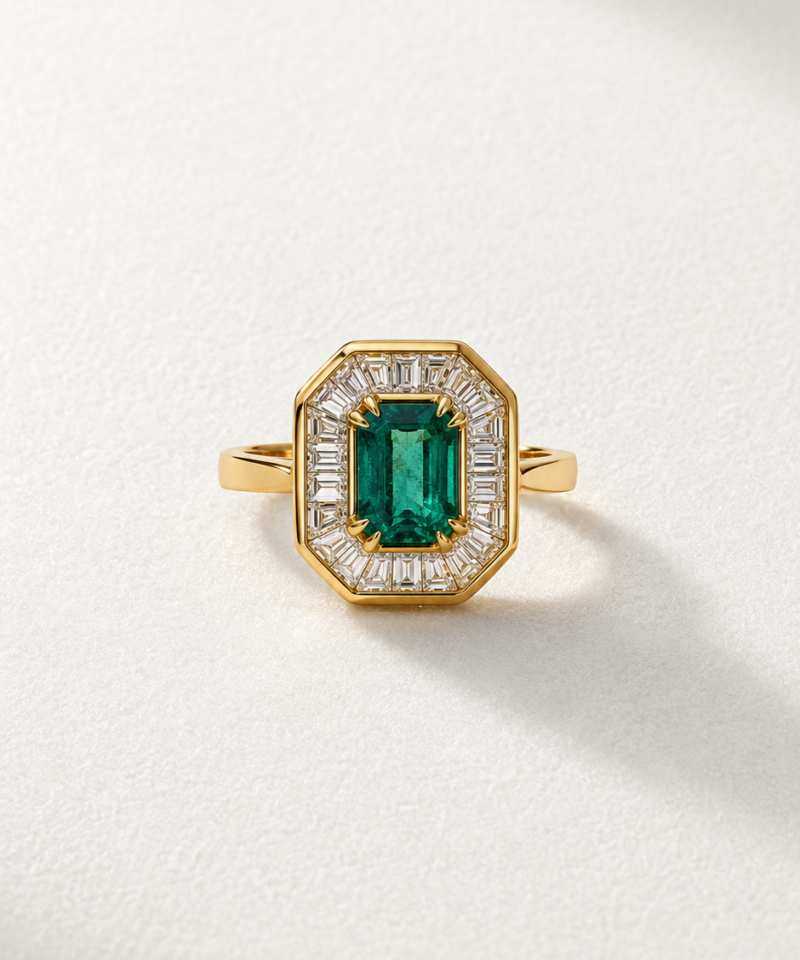 Alternative view of Emerald-Cut Emerald & Baguette Diamond Ring in K18 Yellow Gold