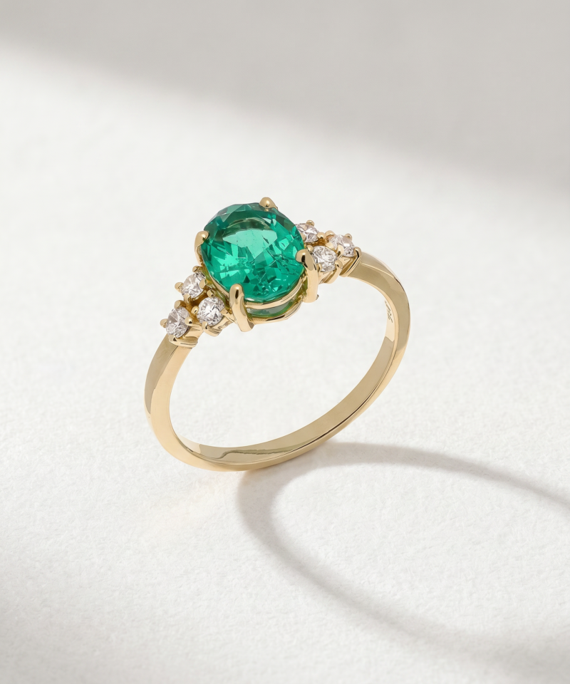 Oval-Cut Emerald & Diamond Ring in K18 Yellow Gold
