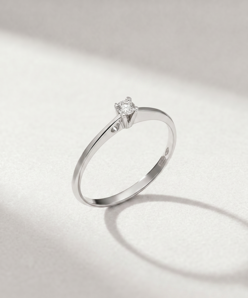 Round-Cut Diamond Solitaire Ring with Heart Detail in K18 White Gold