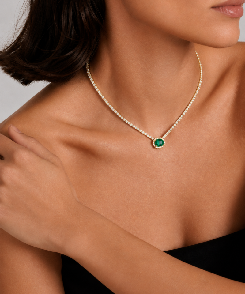 Alternative view of Oval-Cut Emerald & Diamond Necklace in K18 Yellow Gold