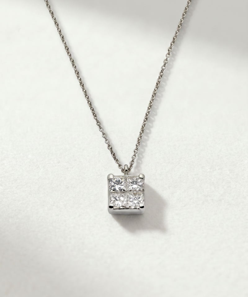 Princess-Cut Diamond Cluster Necklace in K18 White Gold