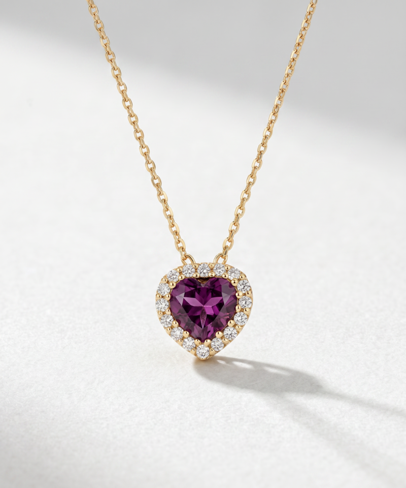 Heart-Shaped Rhodolite & Diamond Halo Necklace in K18 Yellow Gold