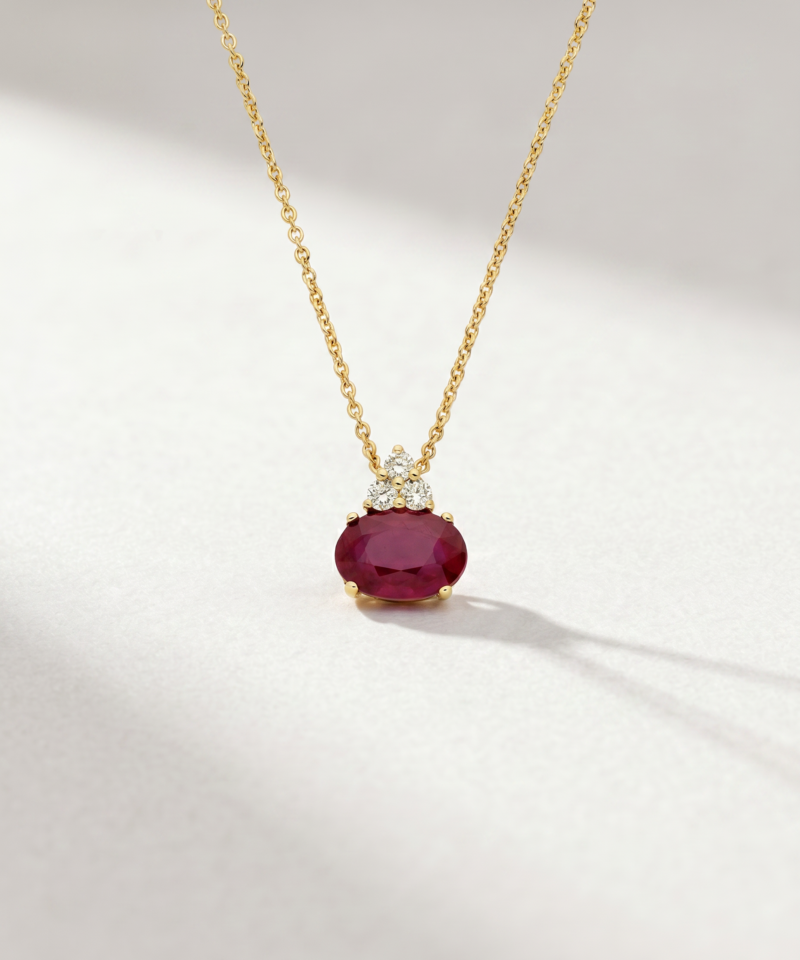 Oval-Cut Ruby & Diamond Necklace in K18 Yellow Gold