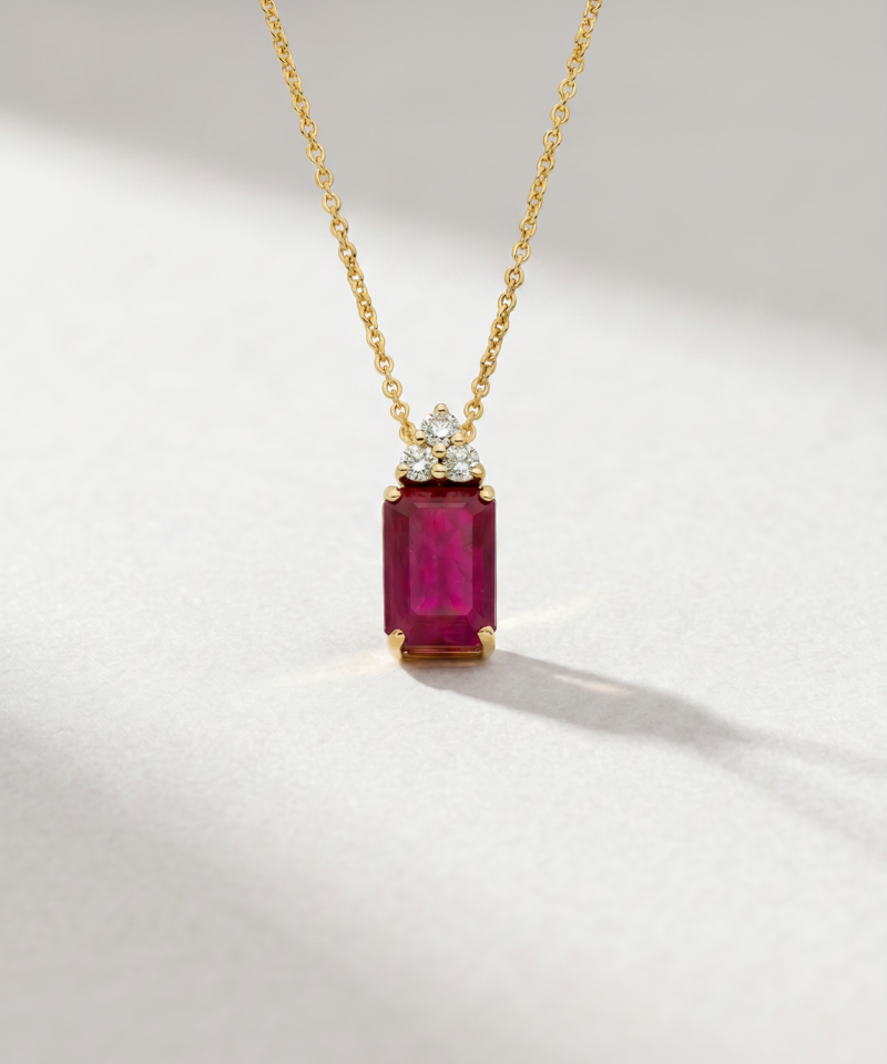 Emerald-Cut Ruby & Diamond Necklace in K18 Yellow Gold