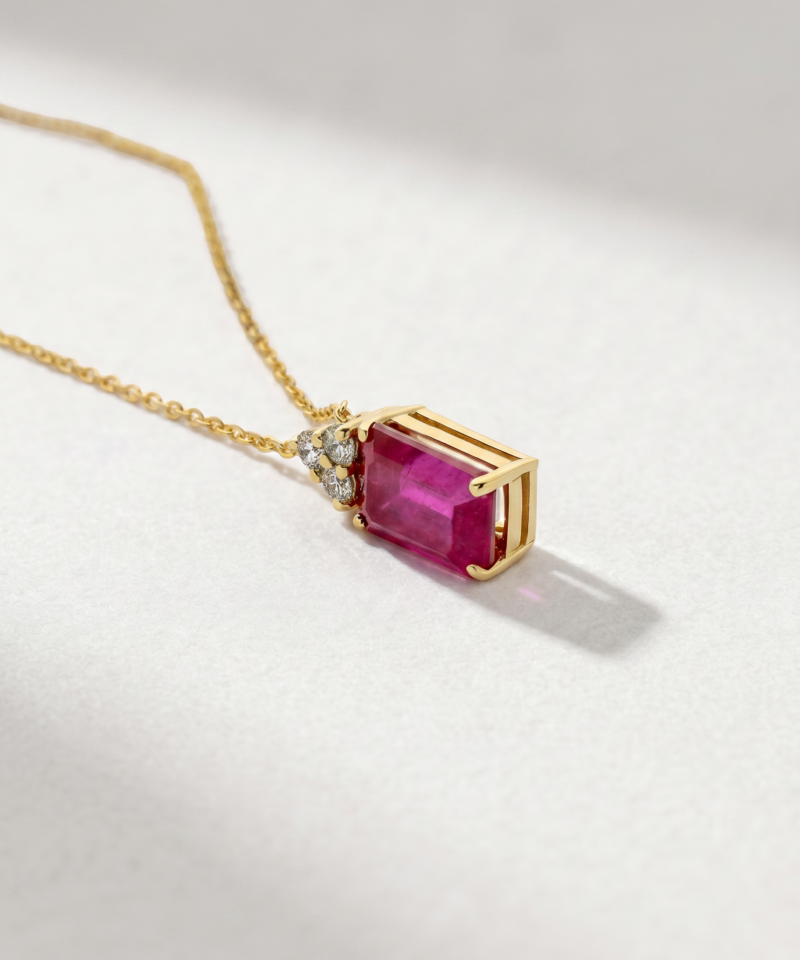 Alternative view of Emerald-Cut Ruby & Diamond Necklace in K18 Yellow Gold