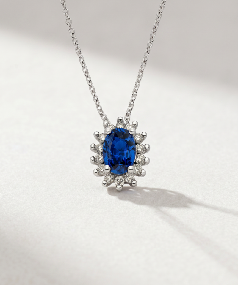 Oval-Cut Sapphire & Diamond Halo Necklace in K18 White Gold