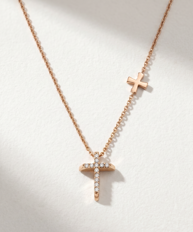 Diamond Cross Necklace in K18 Rose Gold