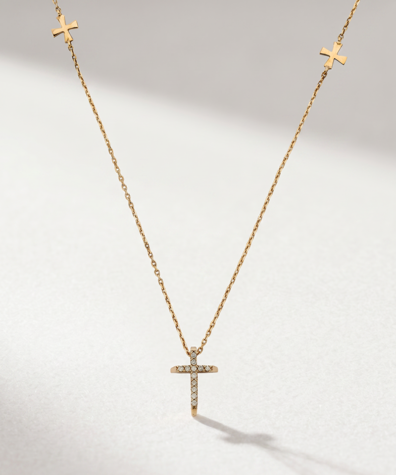 Alternative view of Diamond Cross Necklace in K18 Rose Gold