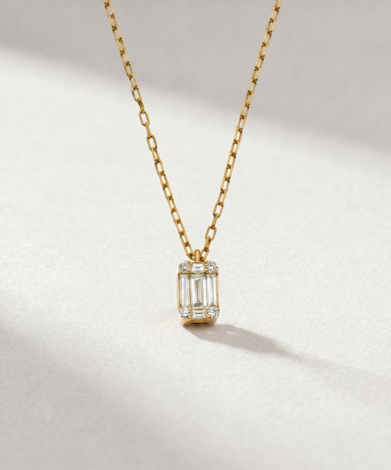 Baguette & Round Diamond Necklace in K18 Yellow Gold