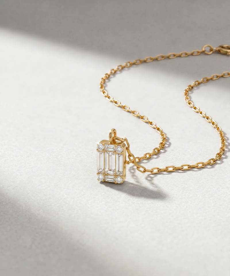 Alternative view of Baguette & Round Diamond Necklace in K18 Yellow Gold