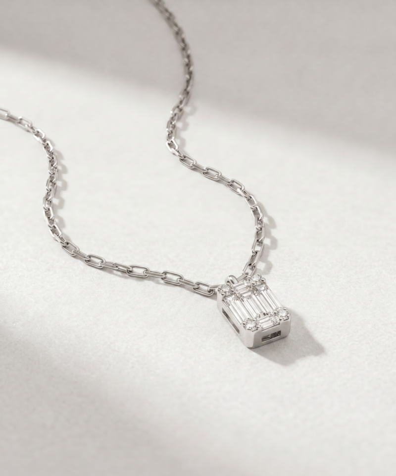 Alternative view of Baguette & Round Diamond Necklace in K18 White Gold