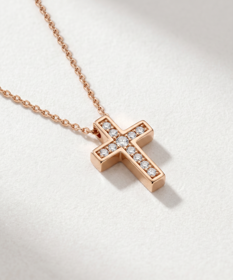 Alternative view of Diamond Cross Necklace in K18 Rose Gold
