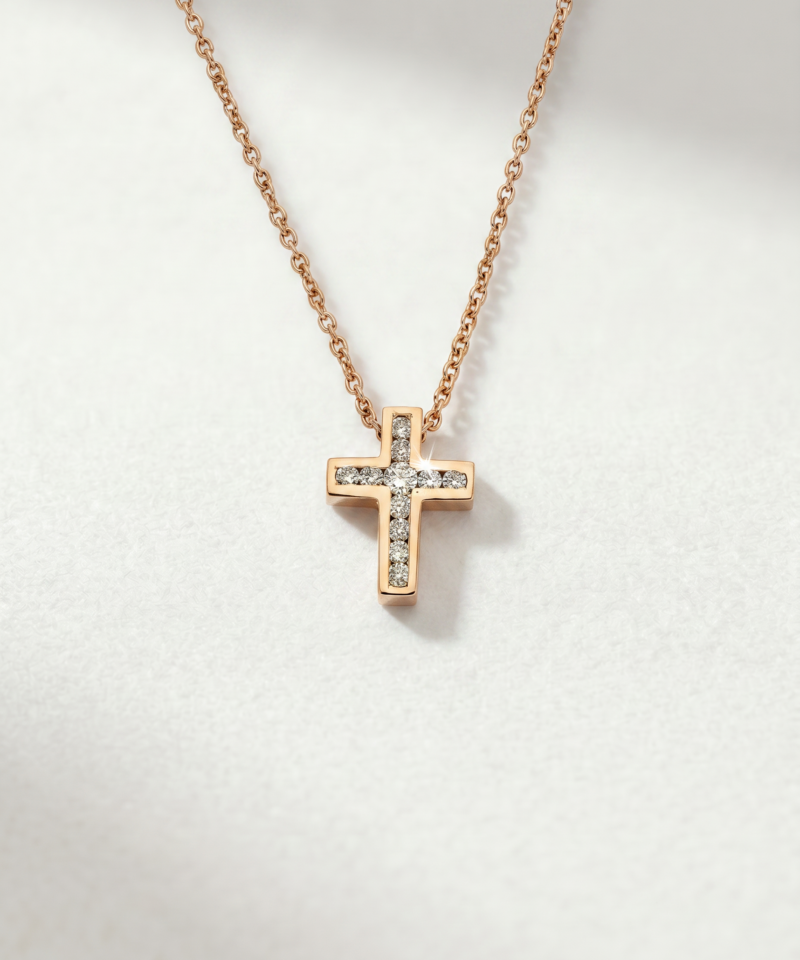 Diamond Cross Necklace in K18 Rose Gold