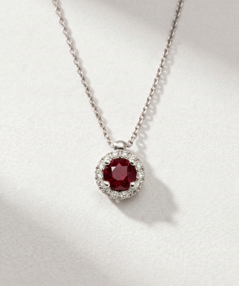 Round-Cut Ruby & Diamond Halo Necklace in K18 White Gold