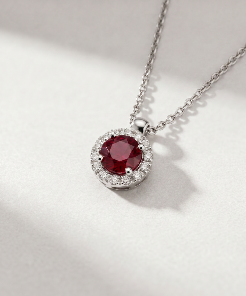 Alternative view of Round-Cut Ruby & Diamond Halo Necklace in K18 White Gold