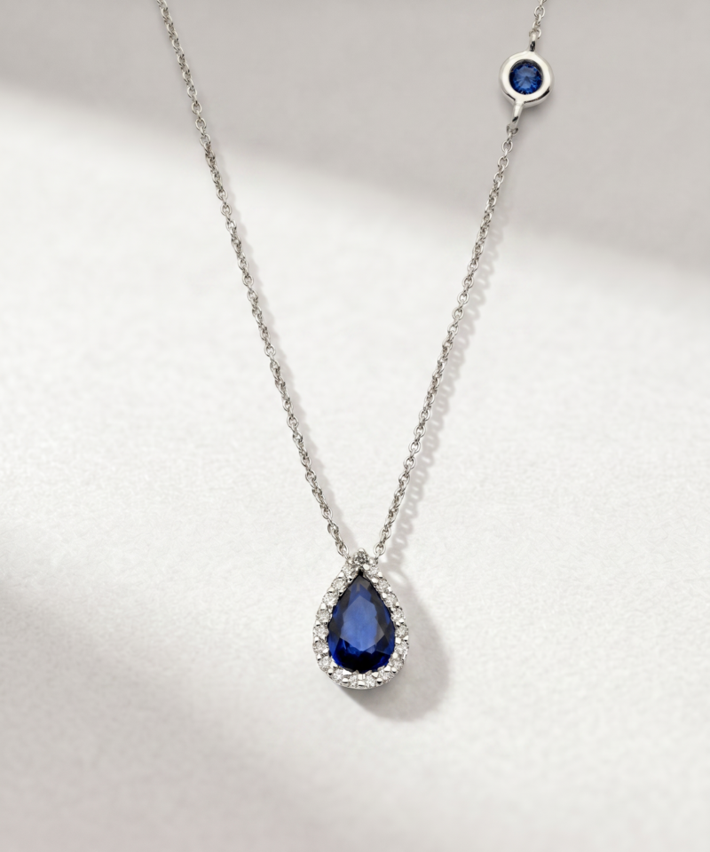 Pear-Cut Sapphire & Diamond Halo Necklace in K18 White Gold