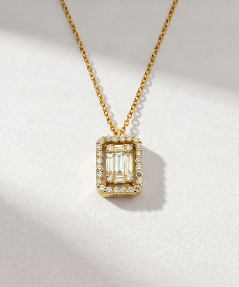 Baguette Diamond Halo Necklace in K18 Yellow Gold