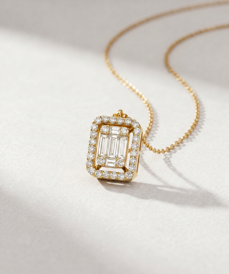 Alternative view of Baguette Diamond Halo Necklace in K18 Yellow Gold
