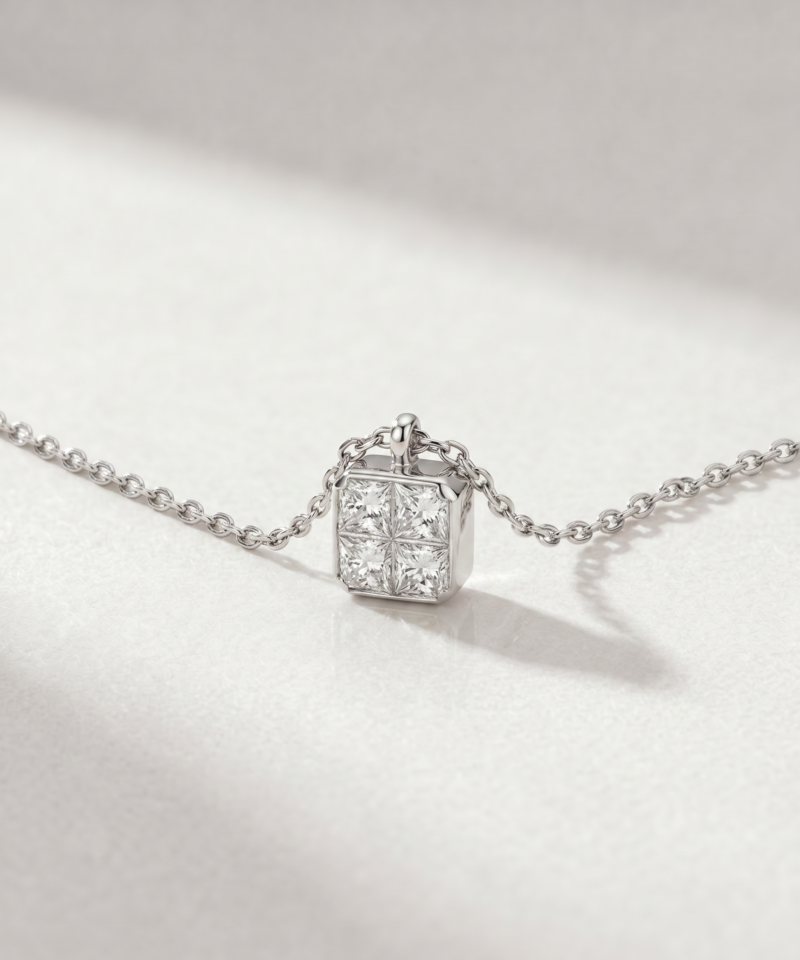 Princess-Cut Diamond Square Necklace in K18 White Gold